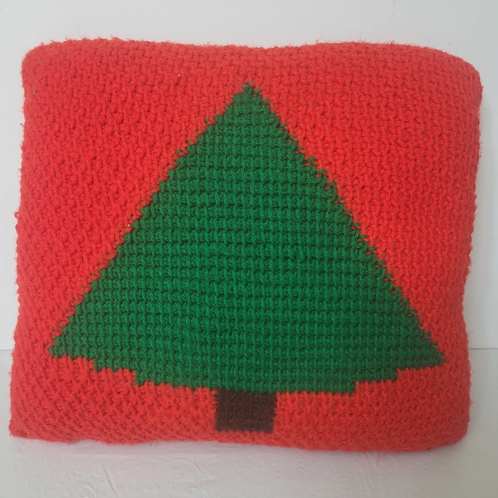 Crocheted Christmas Tree Throw Pillow Holiday Red Grn Cottage Granny Core 16x14